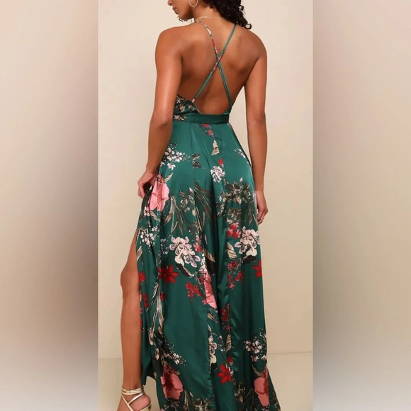 Lulu's Emerald Green Floral Wrap Maxi Dress with Pink & Red Accents - Picture 7 of 12